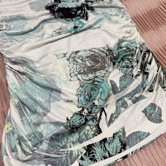 IZ Byer Top Womens Small White Blue Green Floral Ruched Sides Stretch Y2k - Picture 7 of 8